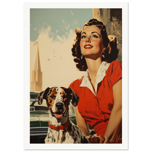 Retro Dog With Lady - Matte Archival Poster