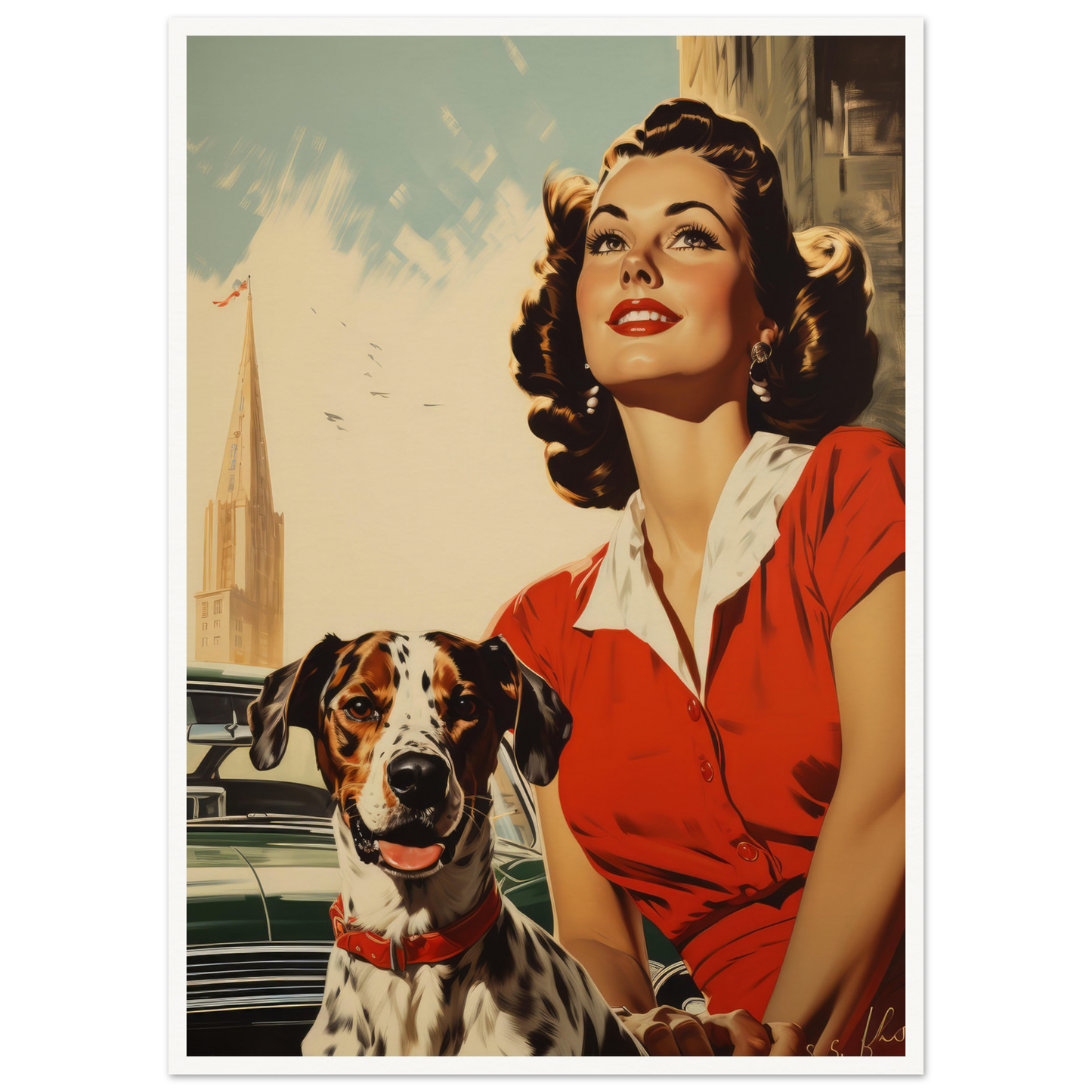 Retro Dog With Lady - Matte Archival Poster