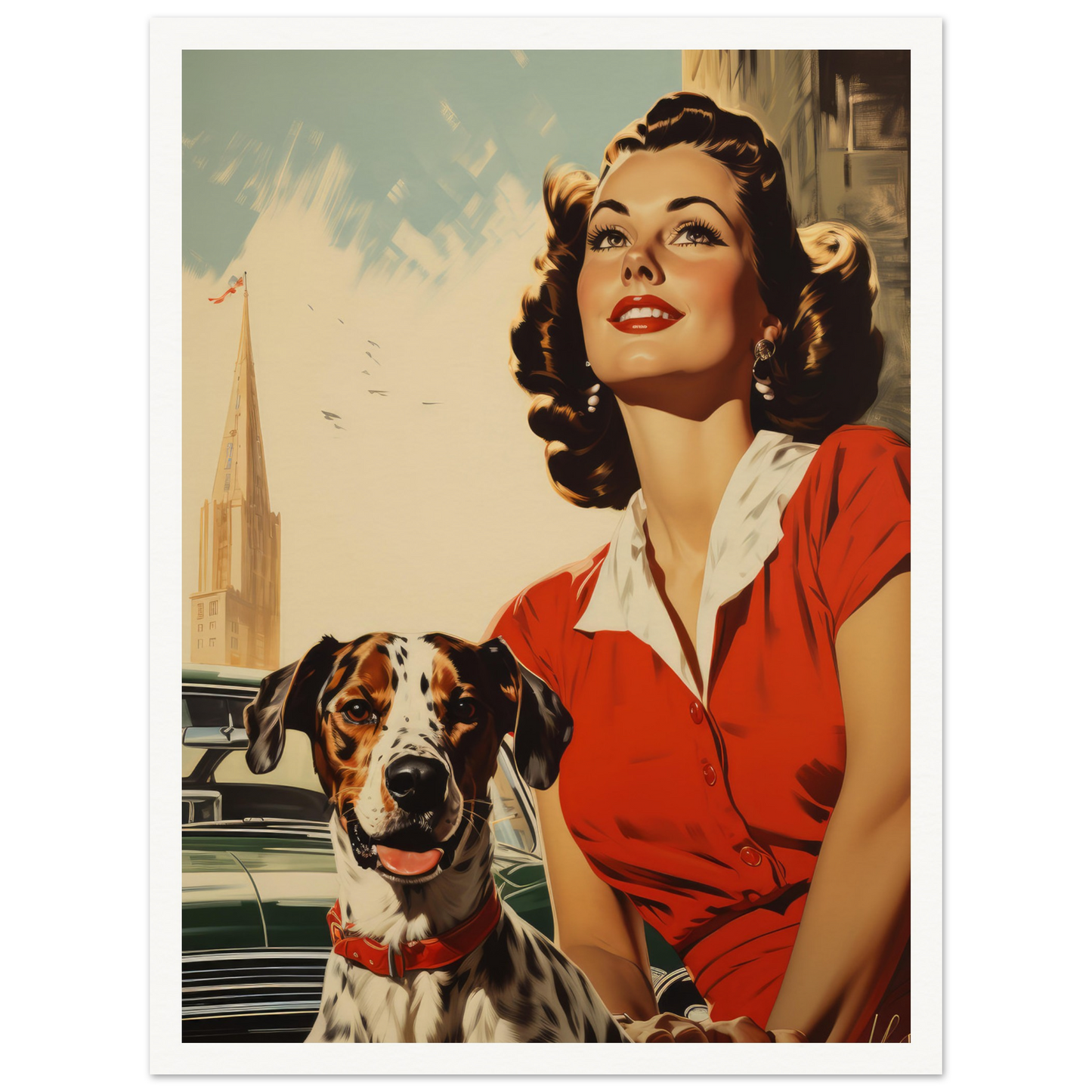 Retro Dog With Lady - Matte Archival Poster