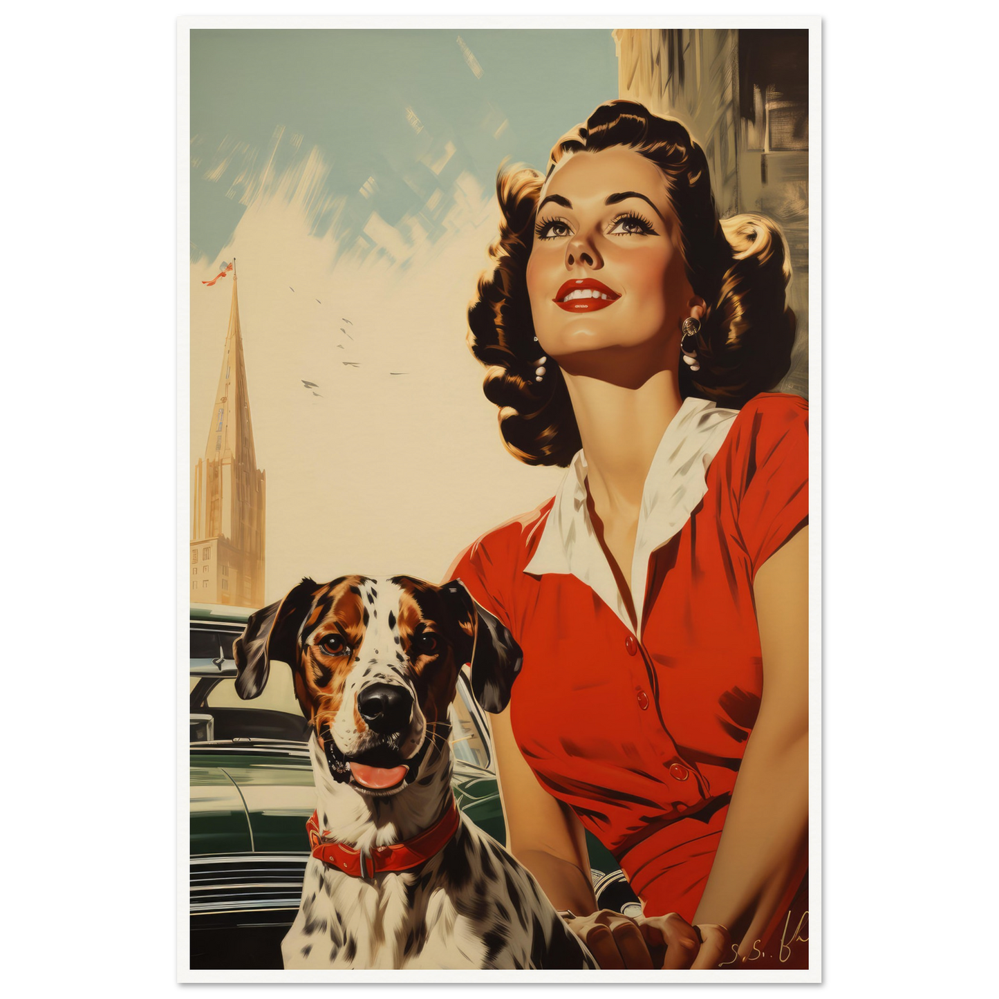 Retro Dog With Lady - Matte Archival Poster